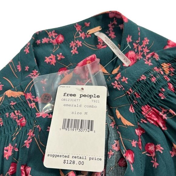 Free People New Floral Green Button Front Long Sleeve Dress Medium - Picture 4 of 10